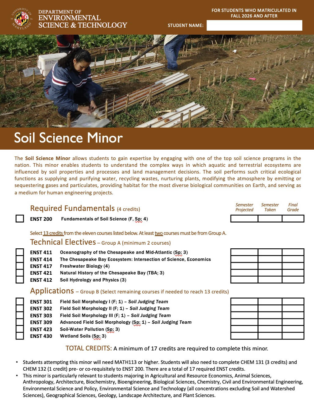Soil Science Minor Curriculum Sheet